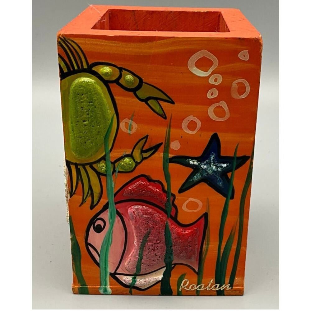 Roatan Reef Wooden Utility Storage Box Hand Painted 3D Painted Fish 3" X 2.75"